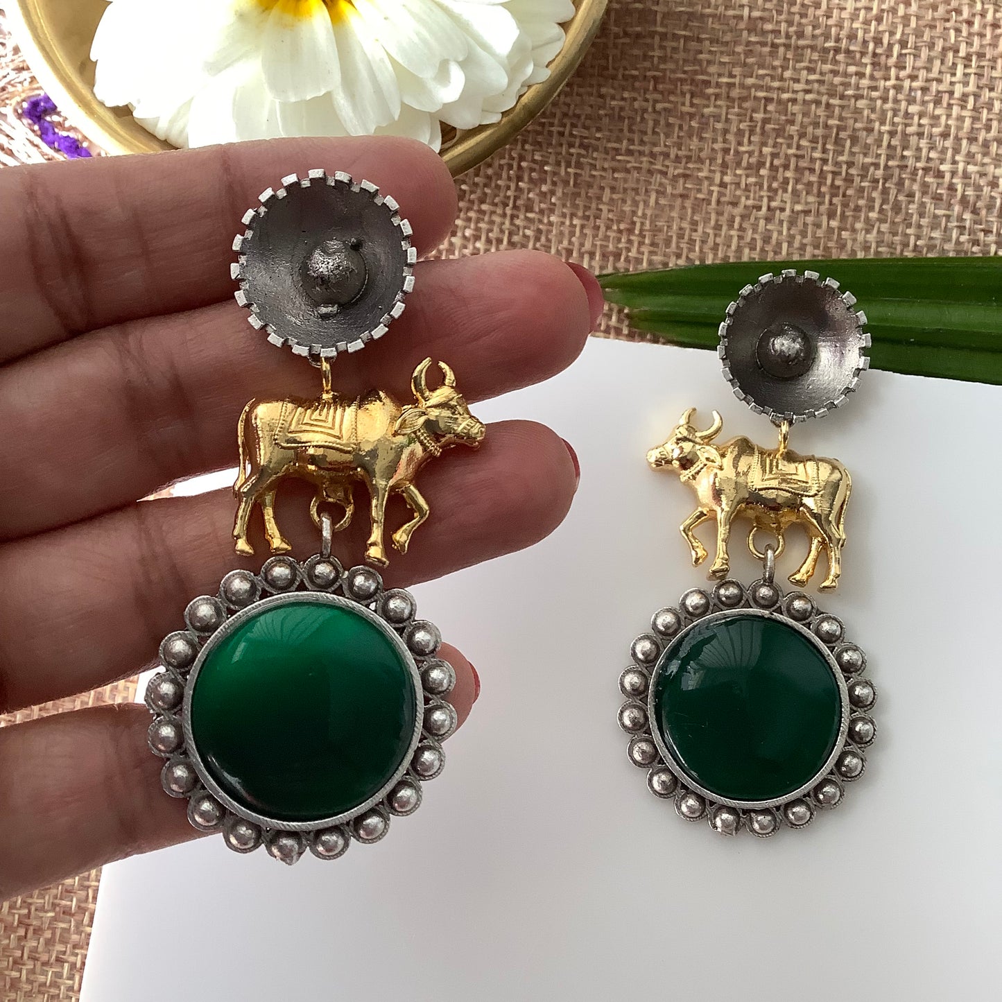 Salvanity Fashion Jewellery Dual Tone German Silver Earrings Gavaksh - Green