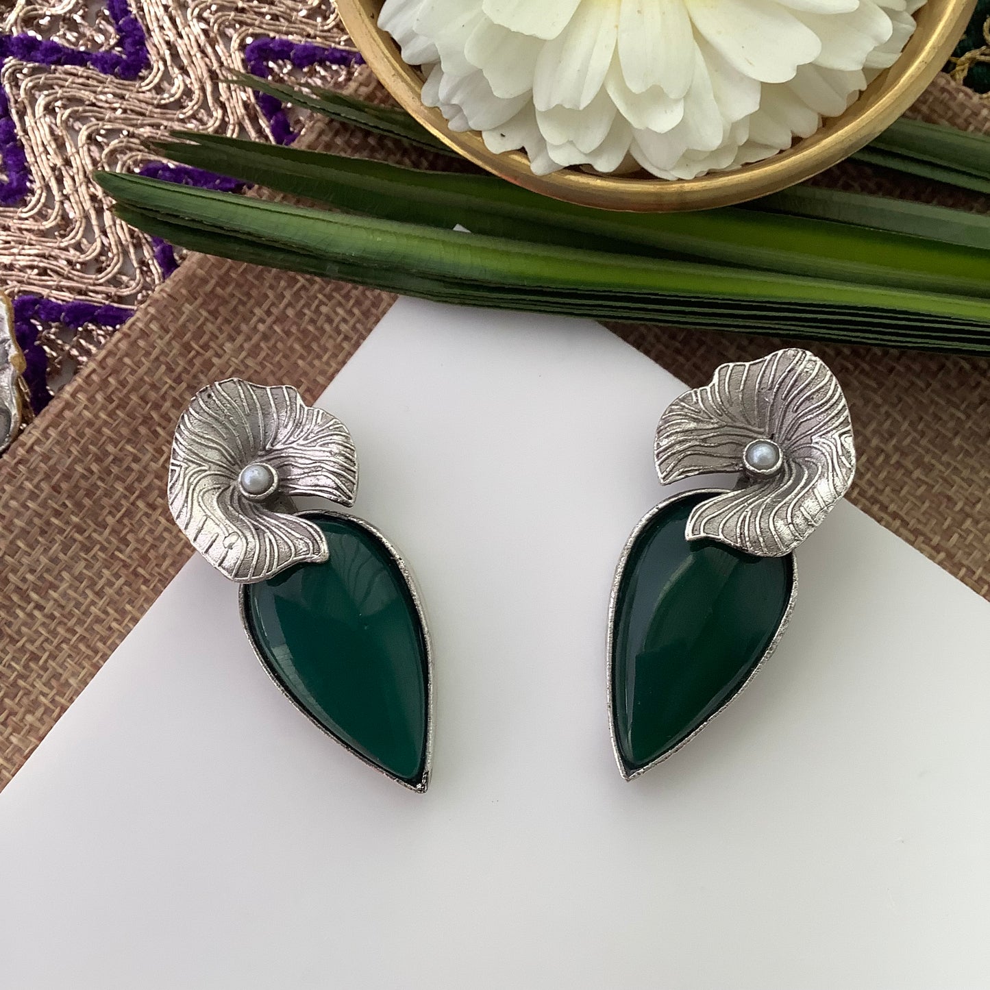 Salvanity German Silver Earrings - Freya Emerald Green