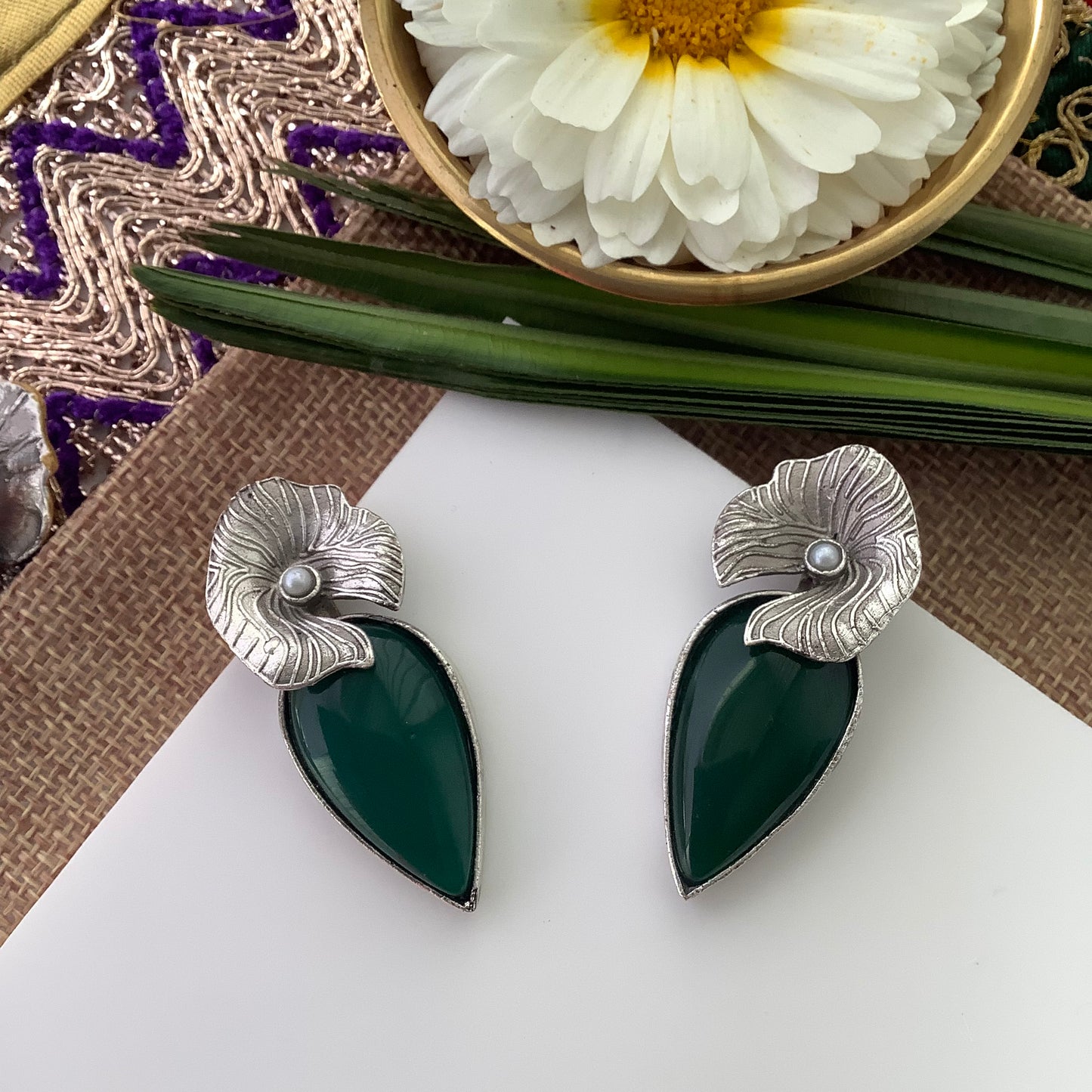 Salvanity German Silver Earrings - Freya Emerald Green