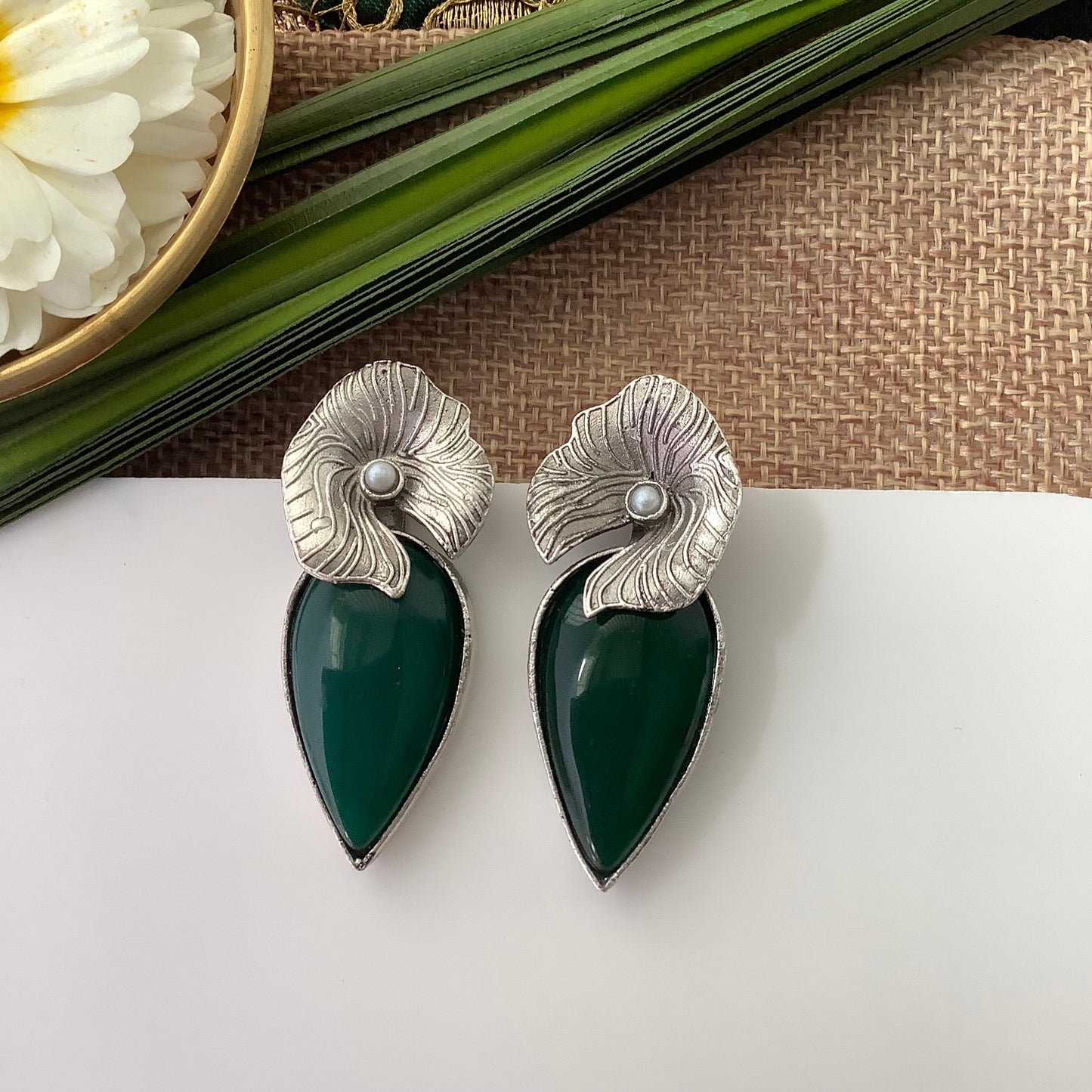 Salvanity German Silver Earrings - Freya Emerald Green