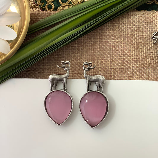 Salvanity German Silver Earrings -Reindeer (बारहसिंगा) - Monalisa Pink