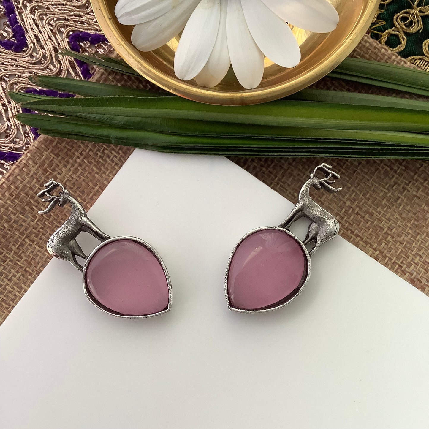 Salvanity German Silver Earrings -Reindeer (बारहसिंगा) - Monalisa Pink