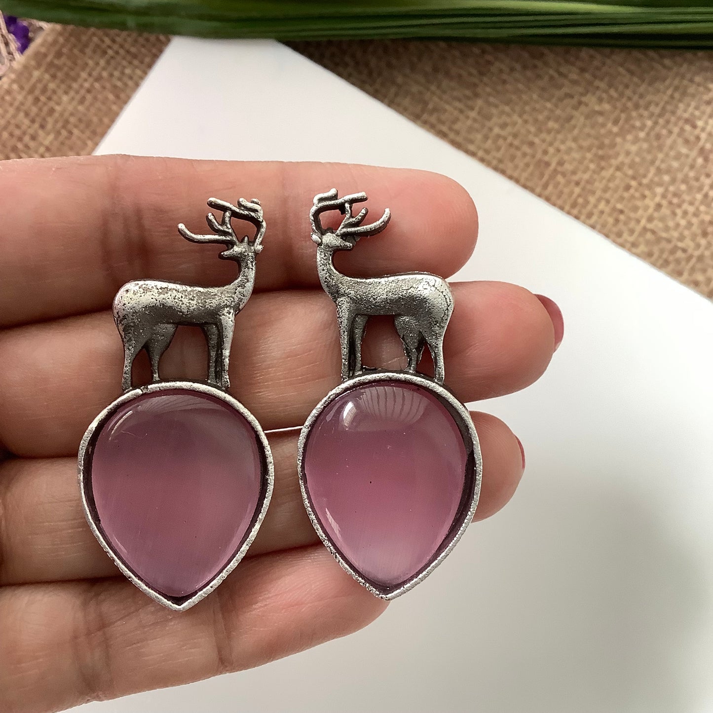 Salvanity German Silver Earrings -Reindeer (बारहसिंगा) - Monalisa Pink