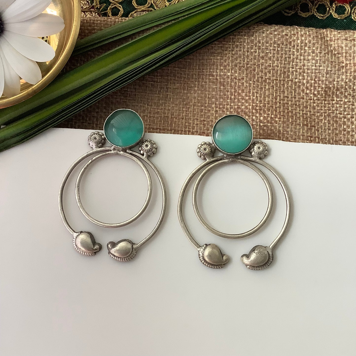 Salvanity German Silver Earrings -Paisley Aqua Blue