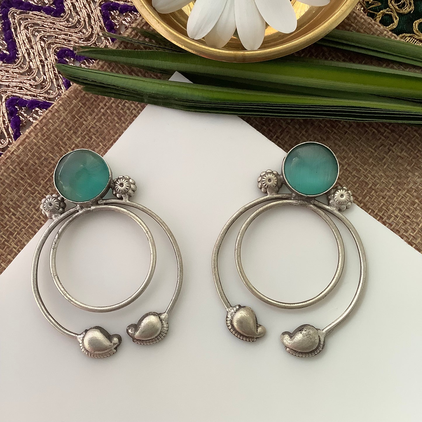 Salvanity German Silver Earrings -Paisley Aqua Blue