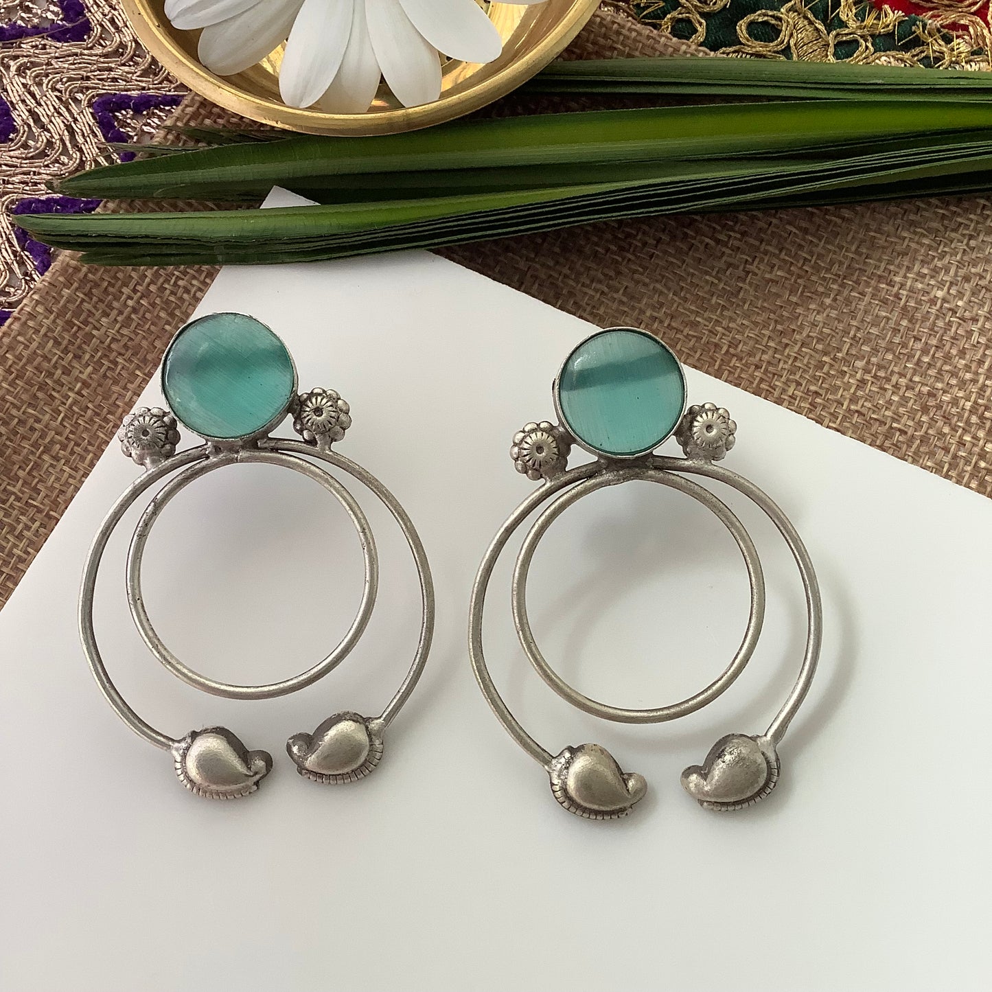 Salvanity German Silver Earrings -Paisley Aqua Blue