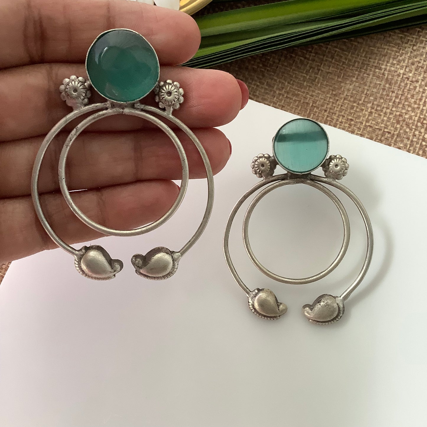 Salvanity German Silver Earrings -Paisley Aqua Blue