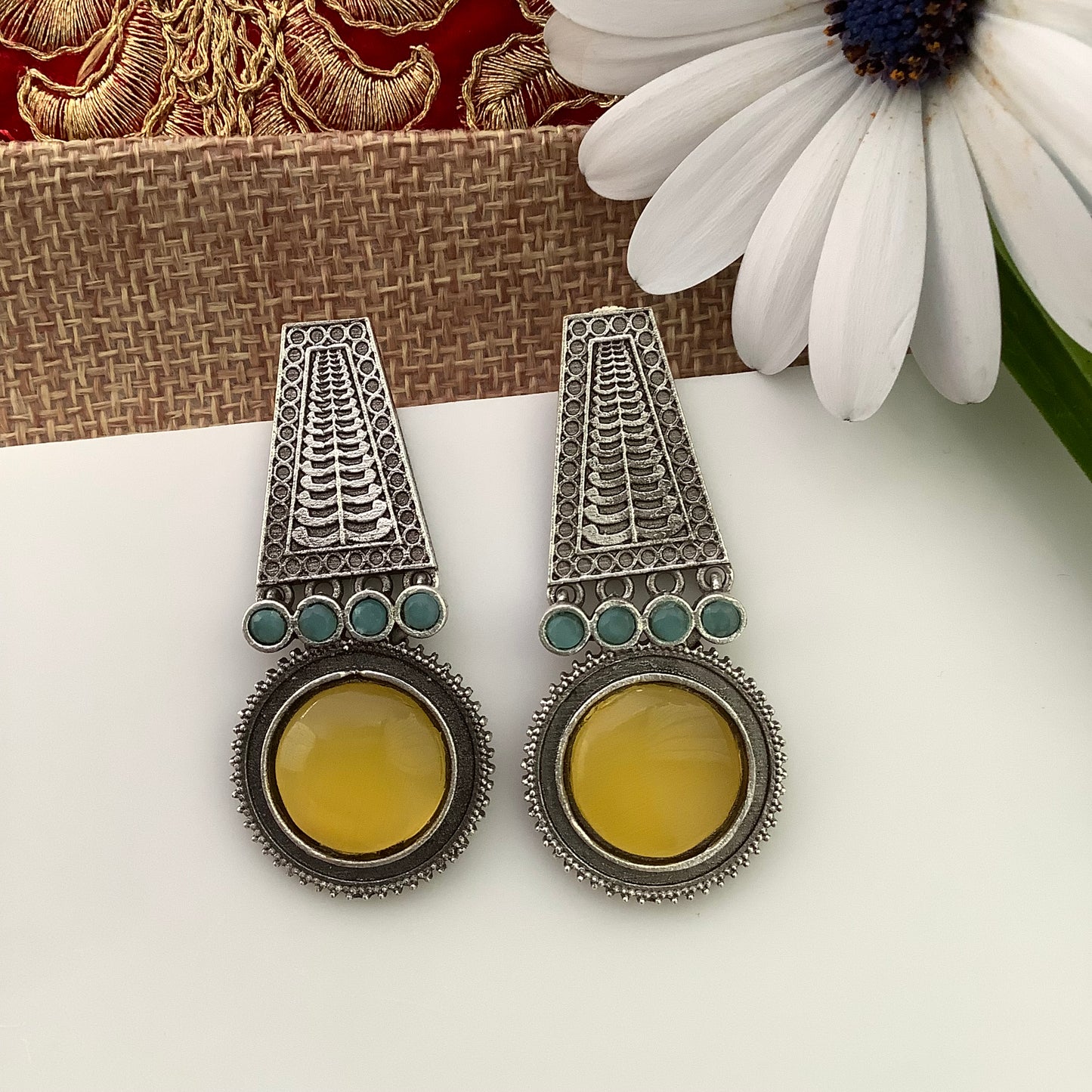 Salvanity German Silver Earrings - Nettipattam (Gaja Mastak Pattika) - Yellow