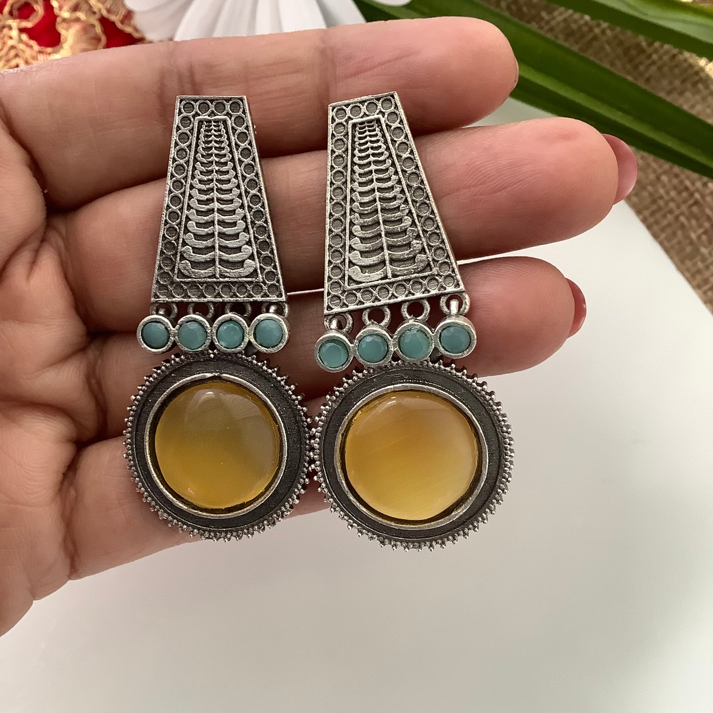 Salvanity German Silver Earrings - Nettipattam (Gaja Mastak Pattika) - Yellow