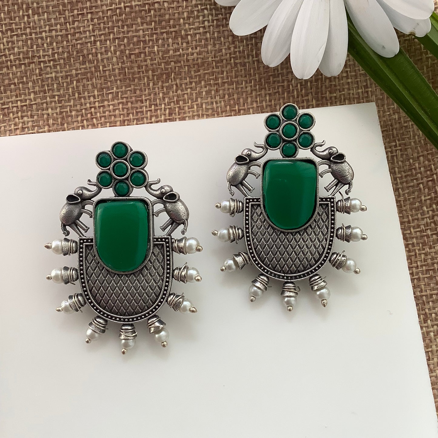 Salvanity Fashion Jewellery German Silver City Lights Earrings Emerald Green