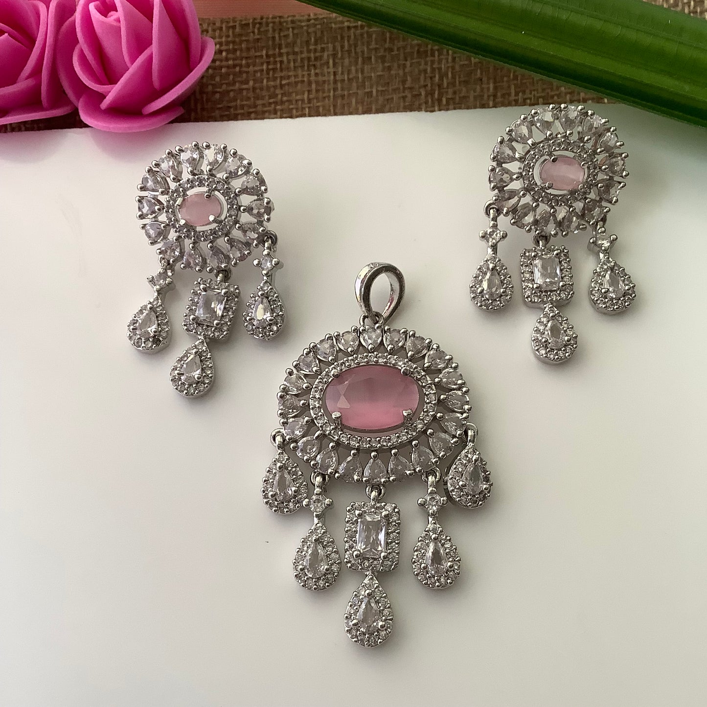 Salvanity American Diamond Pendant Set - Little Drops (बूँदें) Monalisa Pink