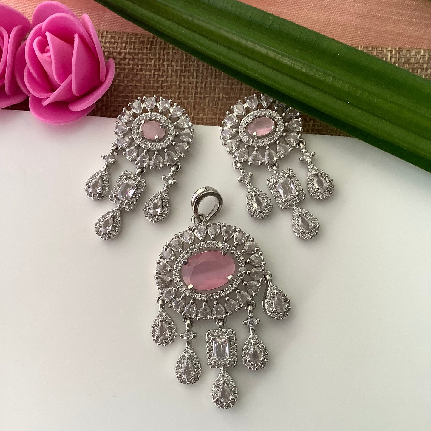 Salvanity American Diamond Pendant Set - Little Drops (बूँदें) Monalisa Pink