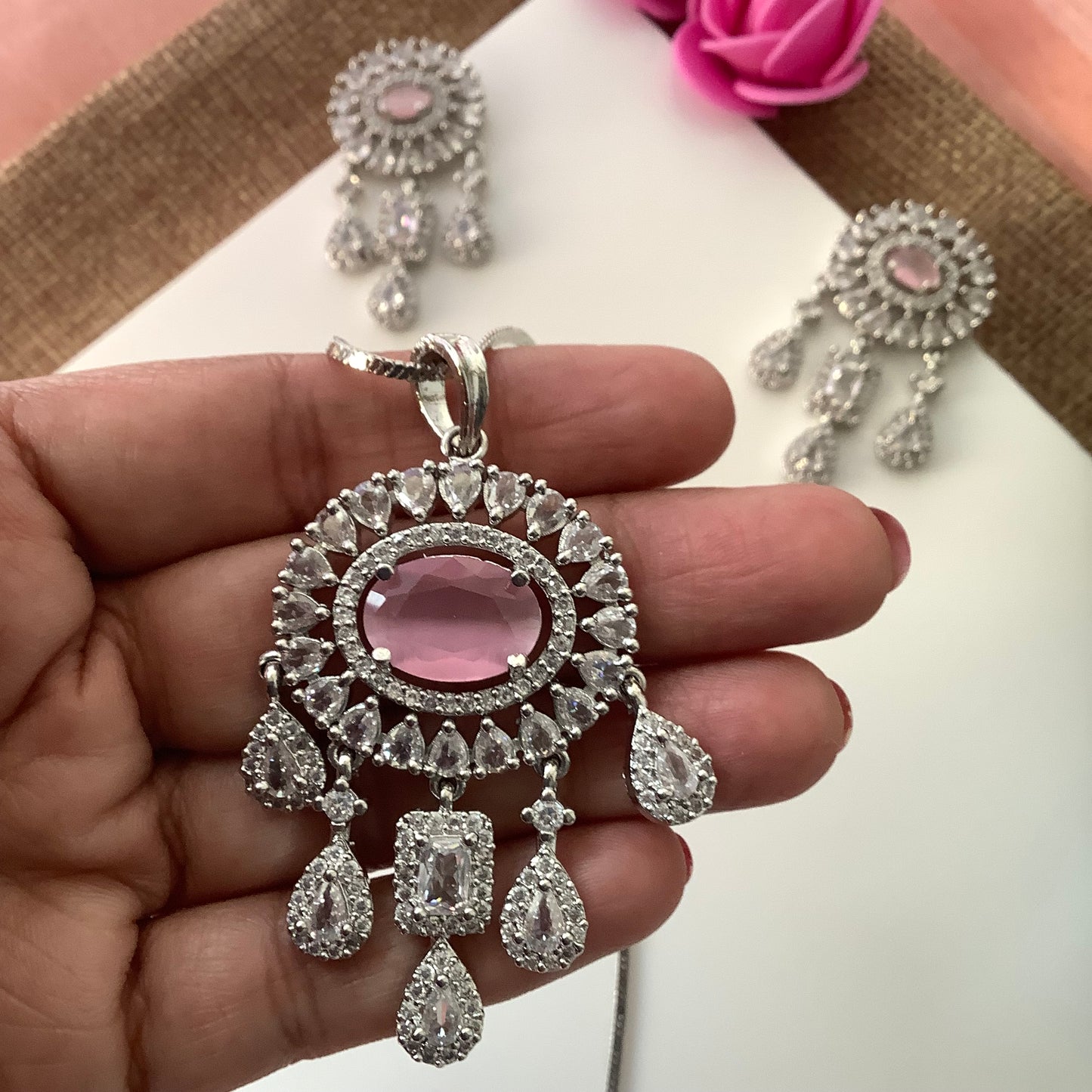 Salvanity American Diamond Pendant Set - Little Drops (बूँदें) Monalisa Pink