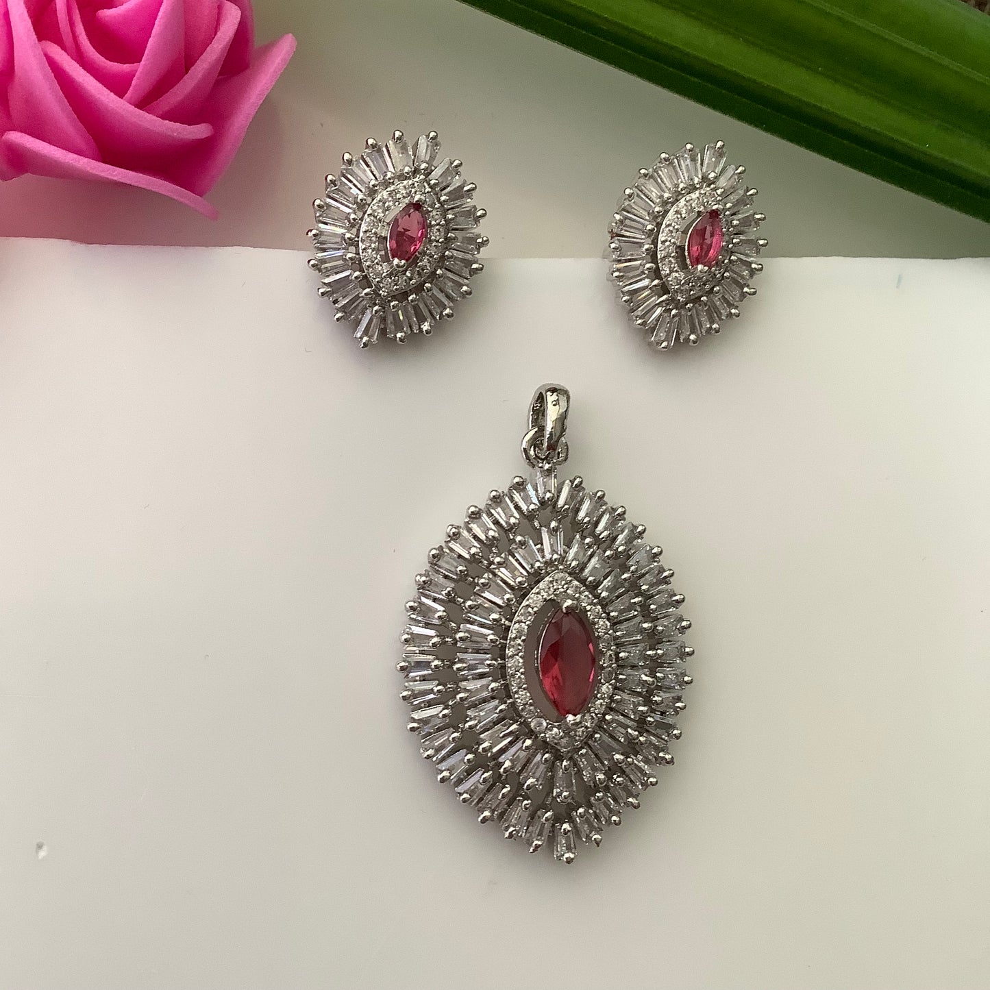 Salvanity American Diamond Pendant Set with earrings - Netra - Pink