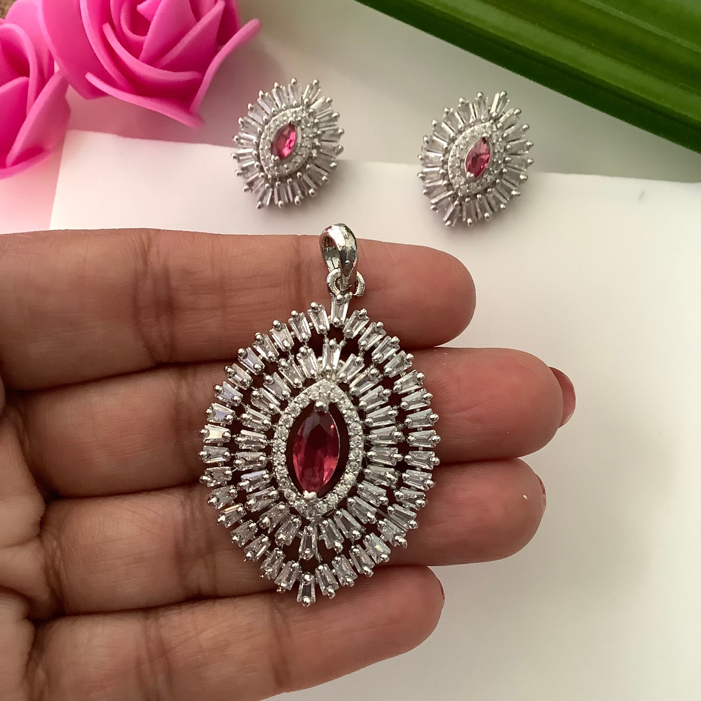 Salvanity American Diamond Pendant Set with earrings - Netra - Pink