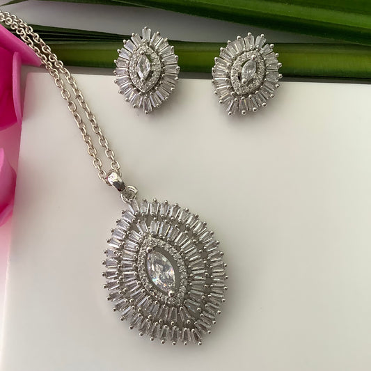 Salvanity American Diamond Pendant Set with earrings - Netra - White Diamonds