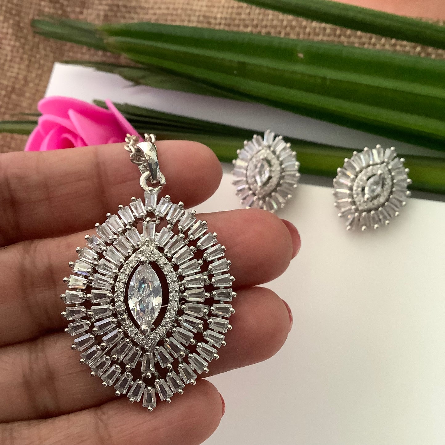 Salvanity American Diamond Pendant Set with earrings - Netra - White Diamonds