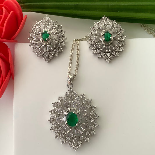 Salvanity American Diamond Pendant Set with earrings - Naina (Eyes) - Green