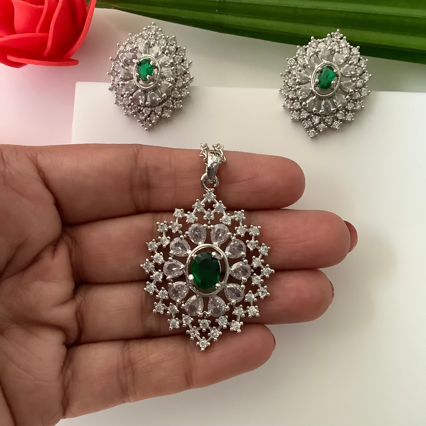 Salvanity American Diamond Pendant Set with earrings - Naina (Eyes) - Green