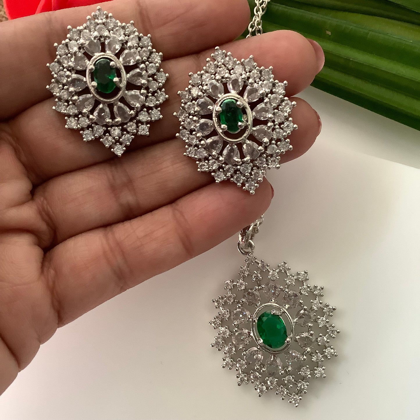 Salvanity American Diamond Pendant Set with earrings - Naina (Eyes) - Green