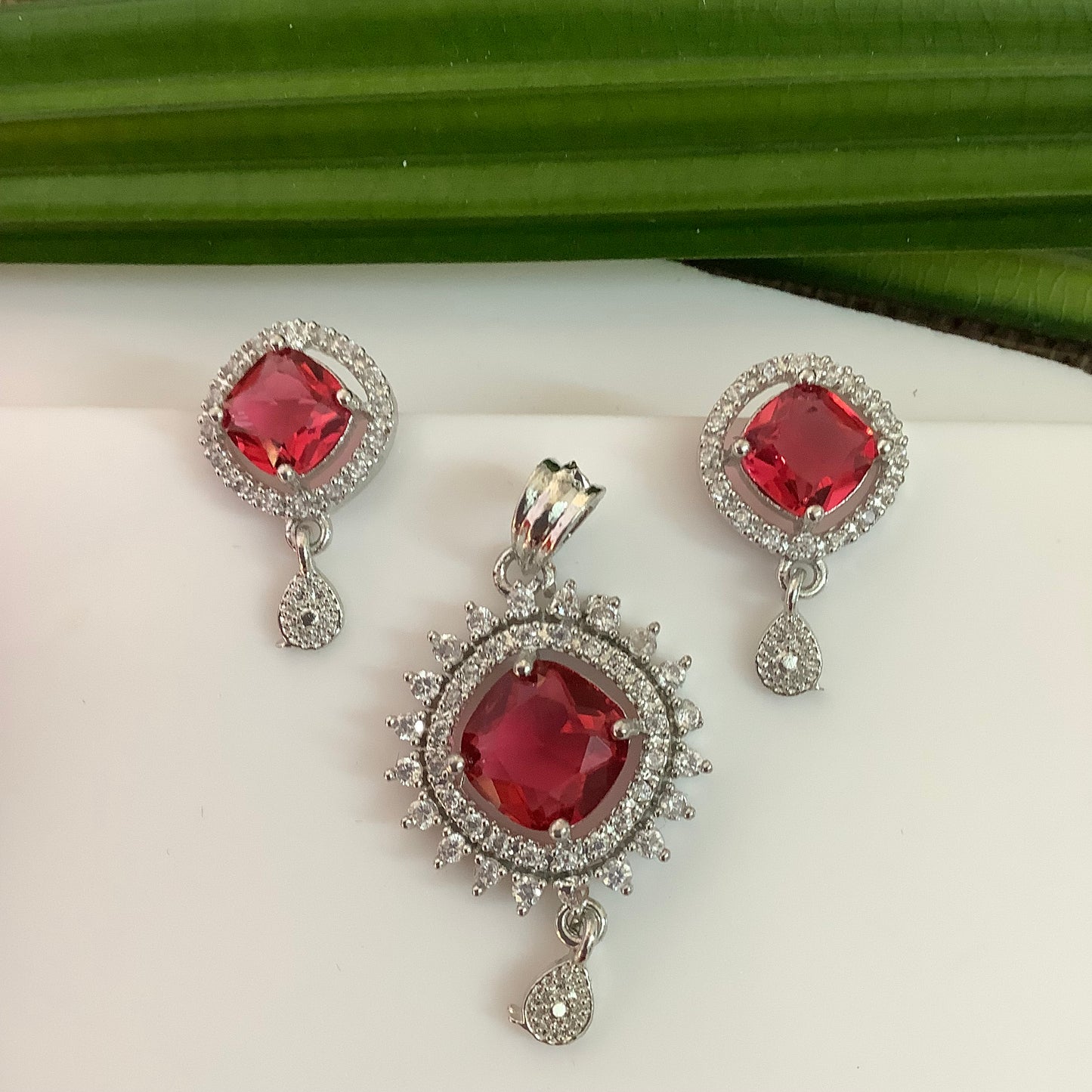 Salvanity American Diamond Pendant Set with earrings - Poornima - Ruby Red