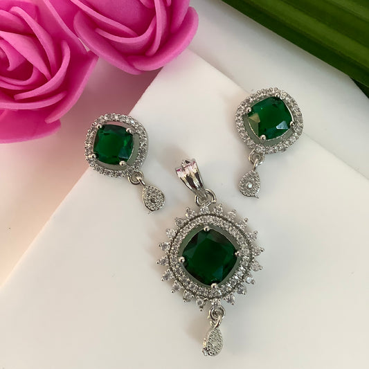 Salvanity American Diamond Pendant Set with earrings - Poornima - Emerald Green