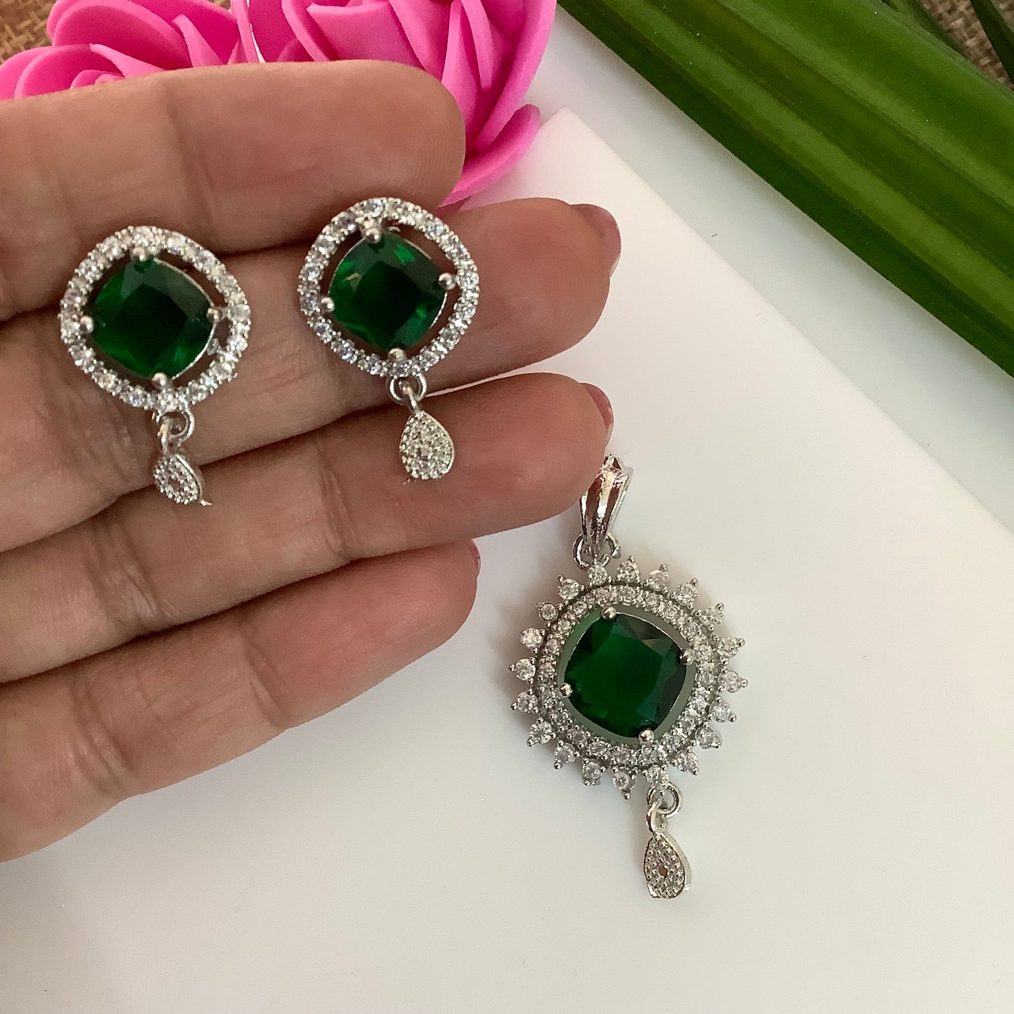 Salvanity American Diamond Pendant Set with earrings - Poornima - Emerald Green