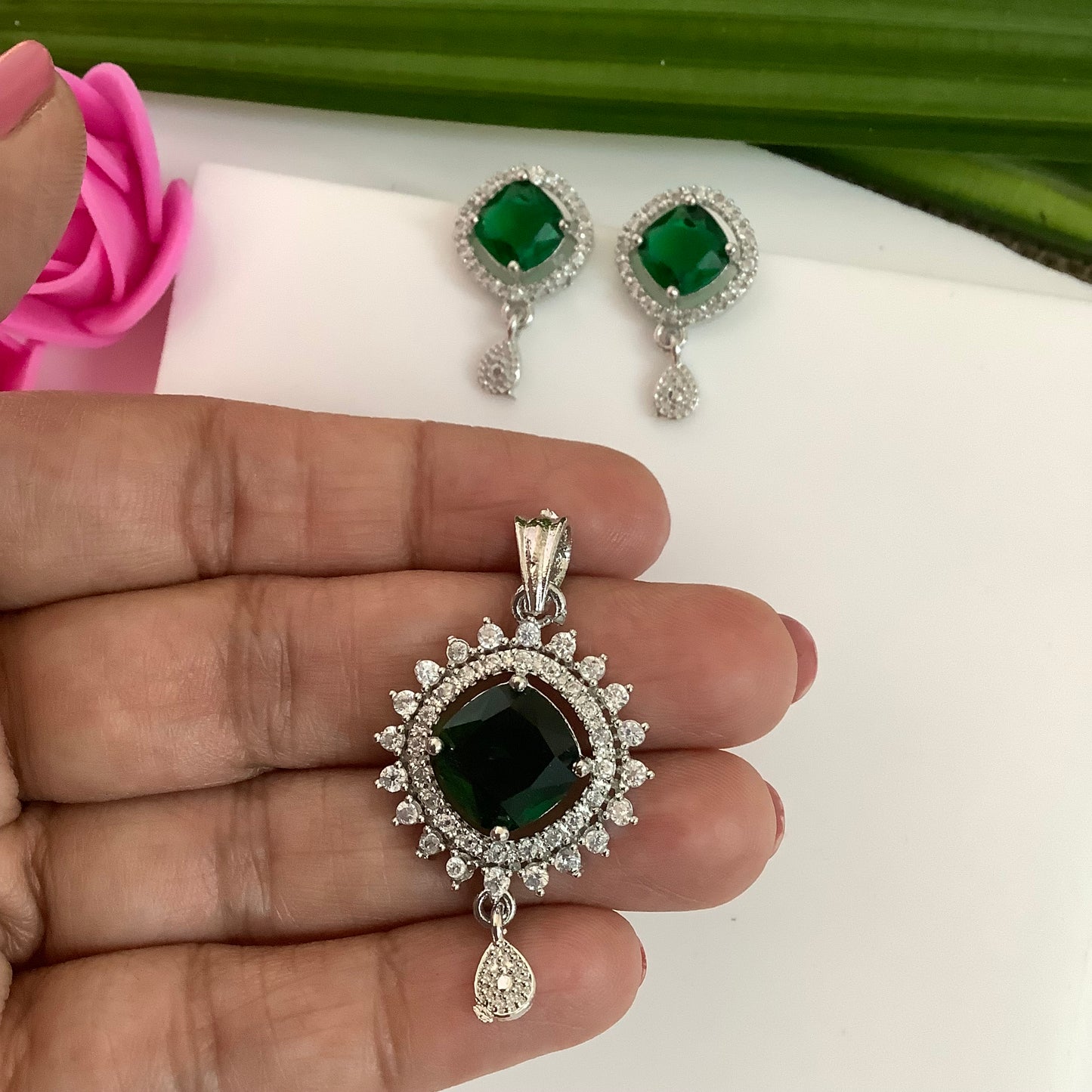 Salvanity American Diamond Pendant Set with earrings - Poornima - Emerald Green