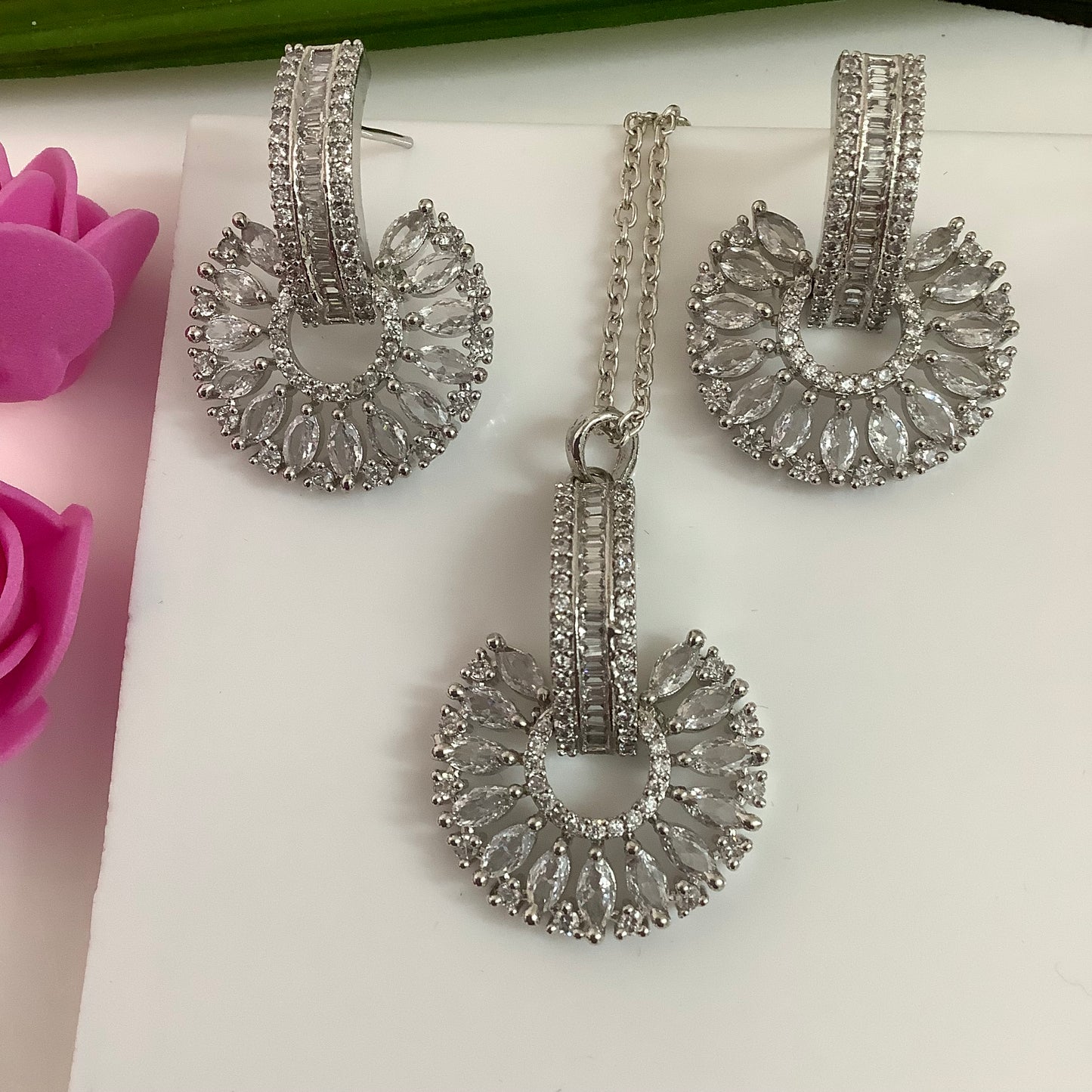 Salvanity American Diamond Pendant Set with earrings - SuryaMukham (Sun Face)