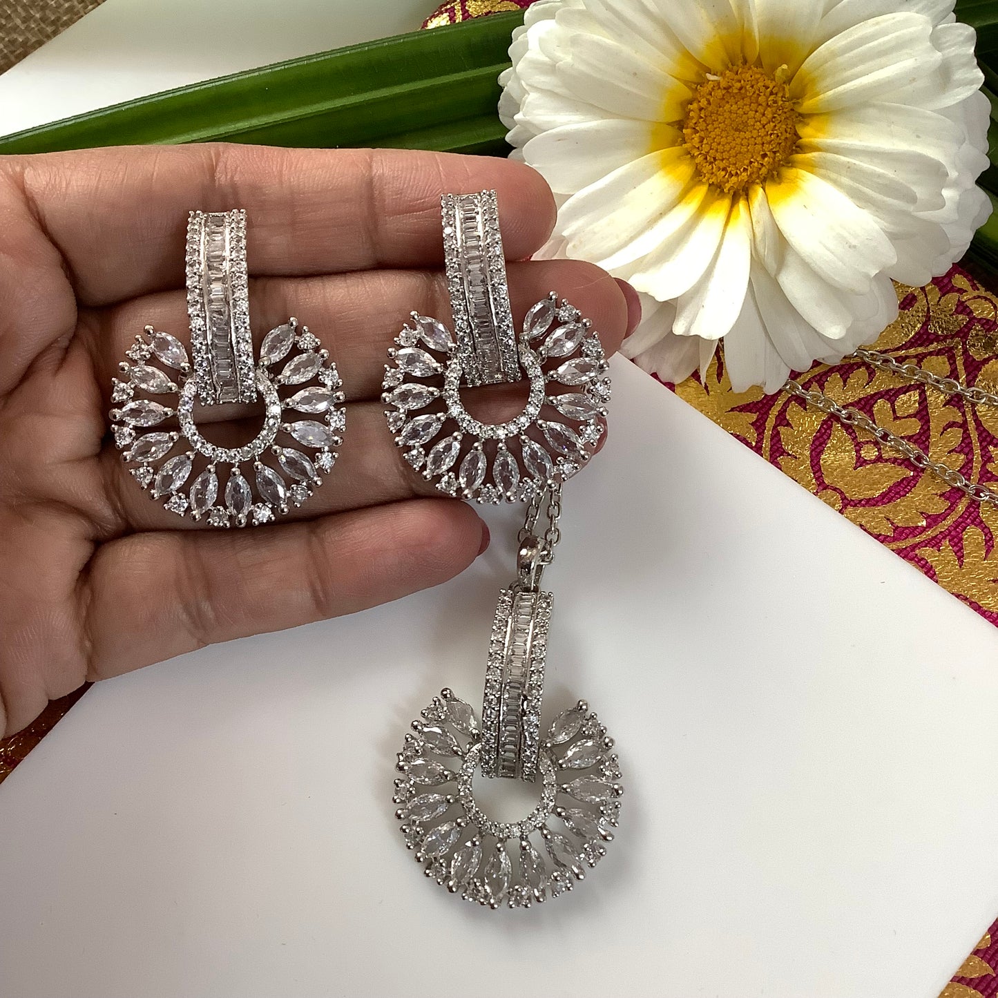 Salvanity American Diamond Pendant Set with earrings - SuryaMukham (Sun Face)