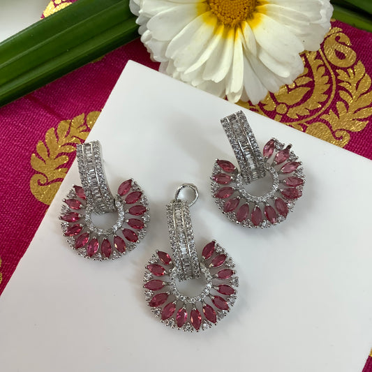 Salvanity American Diamond Pendant Set with earrings - SuryaMukham (Sun Face)