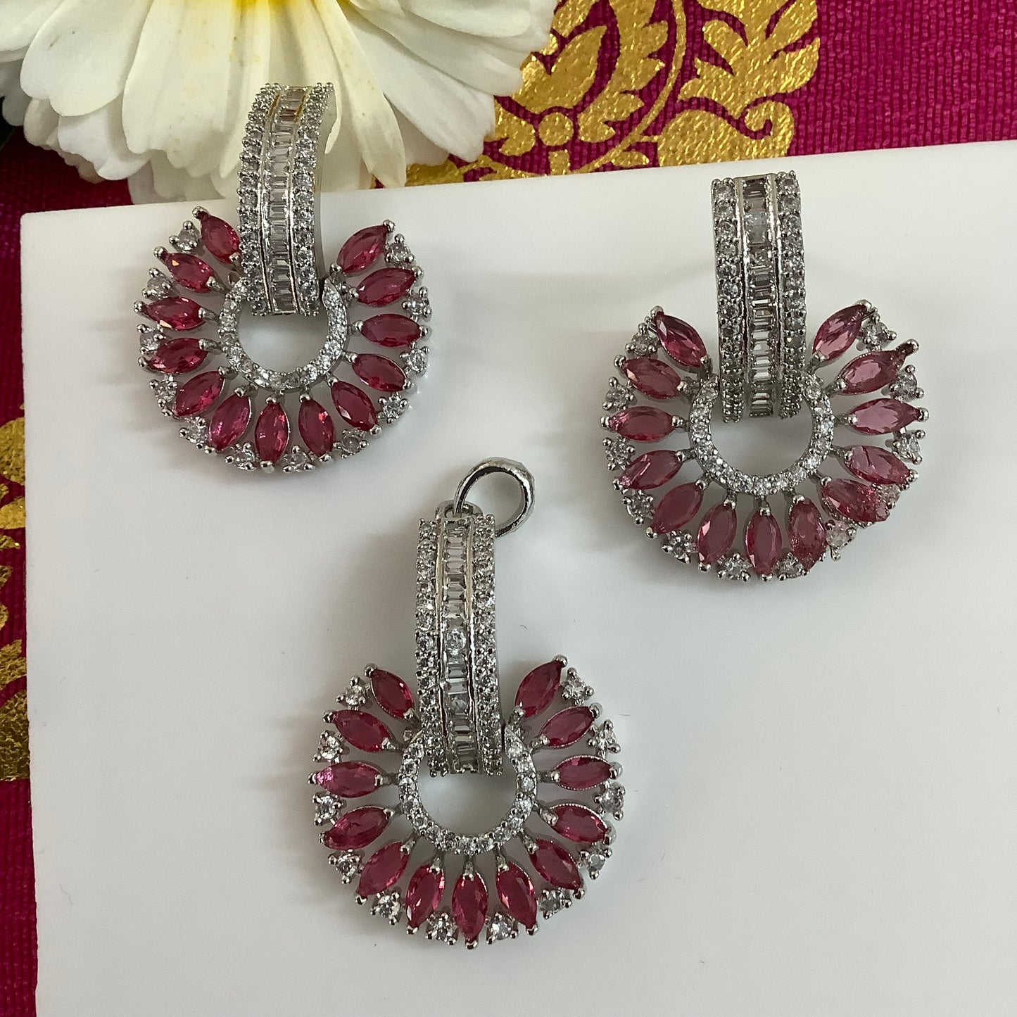 Salvanity American Diamond Pendant Set with earrings - SuryaMukham (Sun Face)