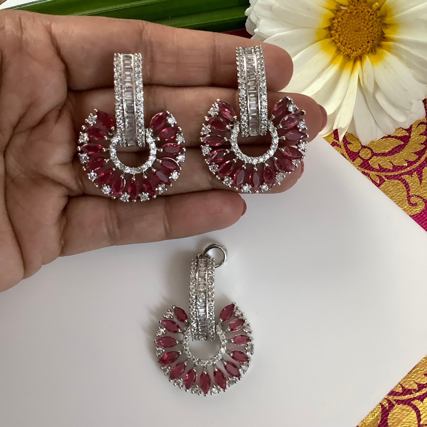 Salvanity American Diamond Pendant Set with earrings - SuryaMukham (Sun Face)