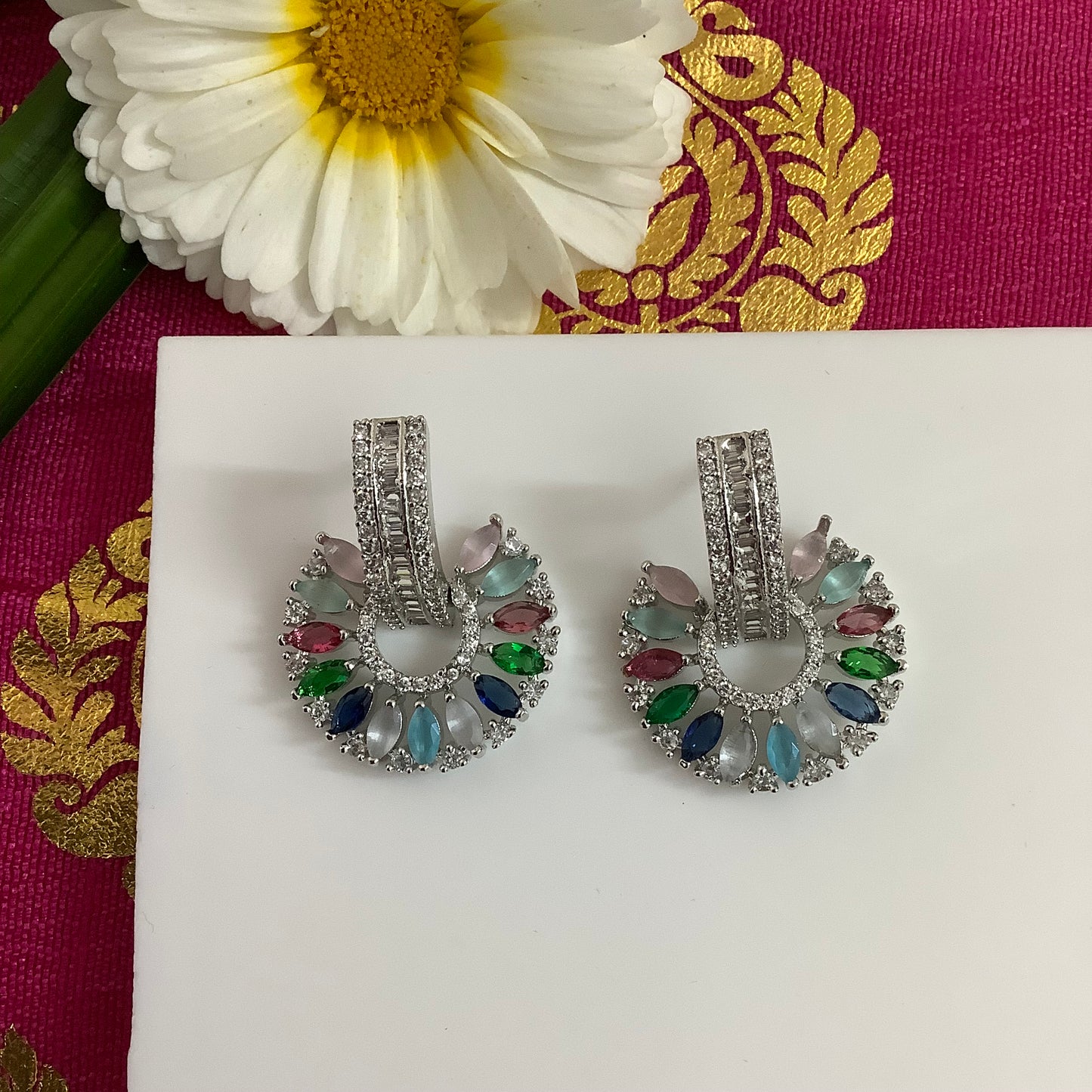 Salvanity American Diamond Earrings - SuryaMukham (Sun Face)