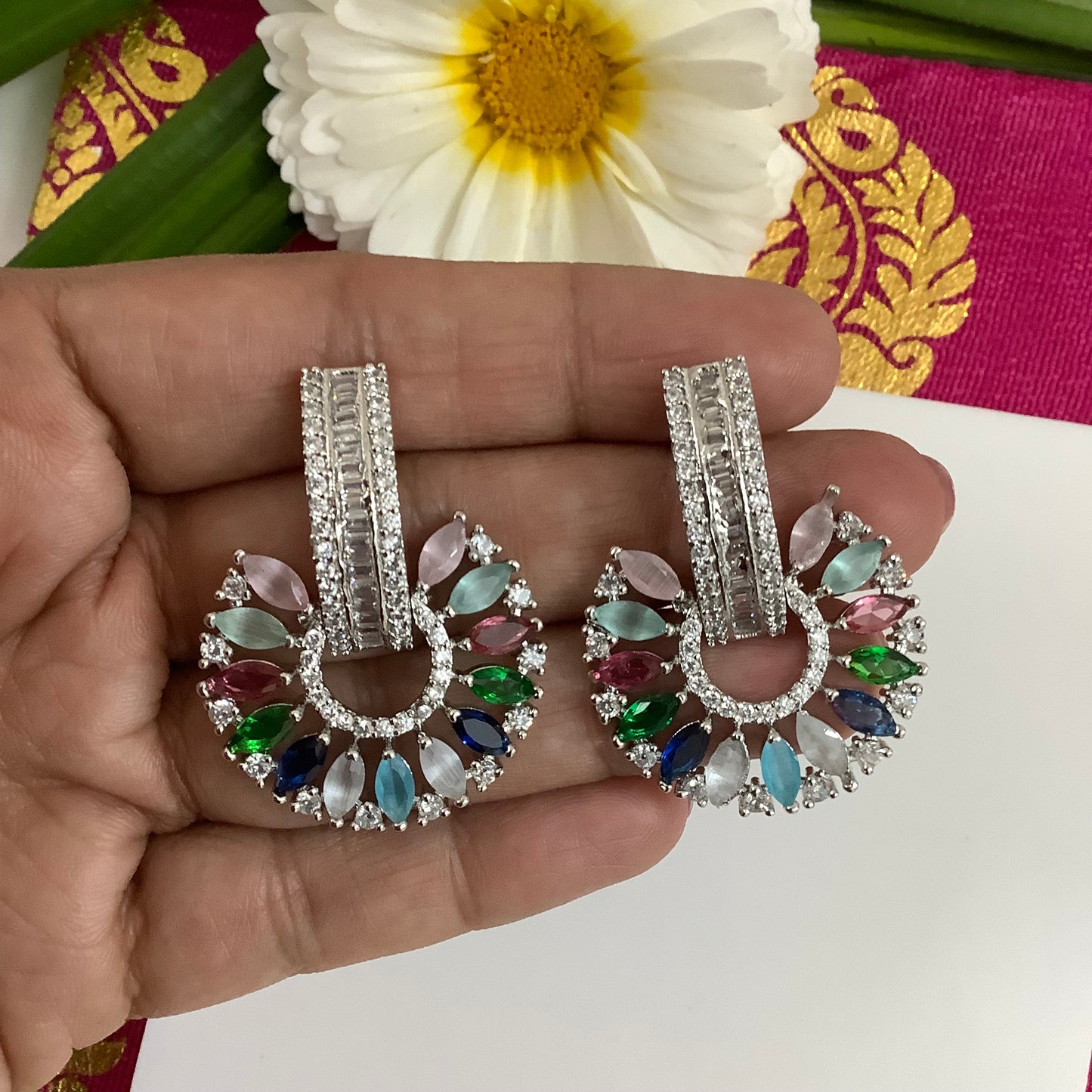 Salvanity American Diamond Earrings - SuryaMukham (Sun Face)