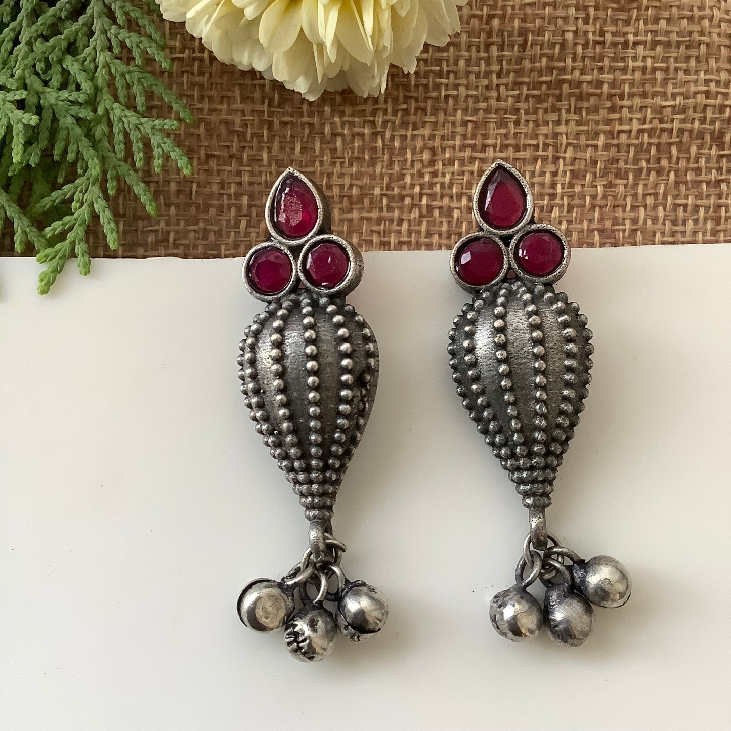 Salvanity German Silver Sea Shell earrings Red Stone