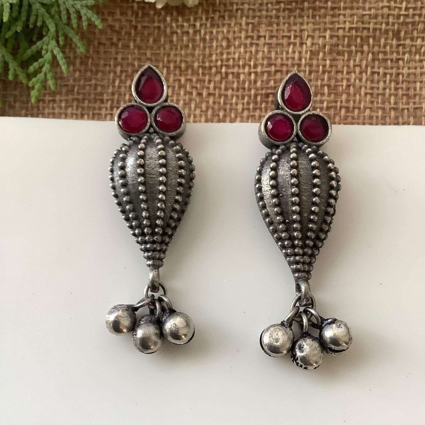 Salvanity German Silver Sea Shell earrings Red Stone