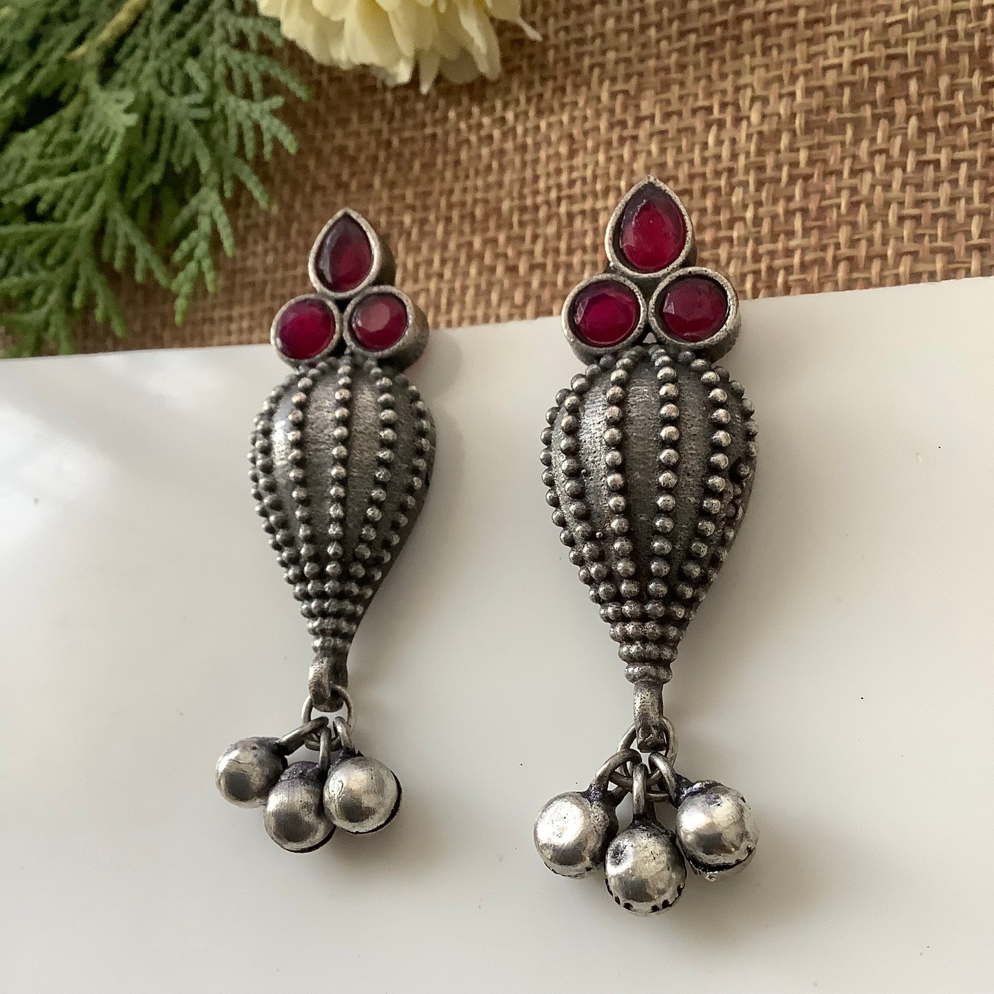 Salvanity German Silver Sea Shell earrings Red Stone