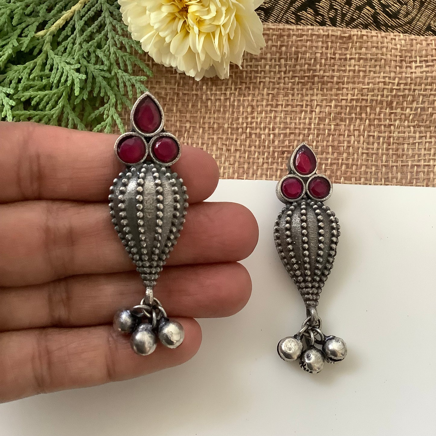 Salvanity German Silver Sea Shell earrings Red Stone