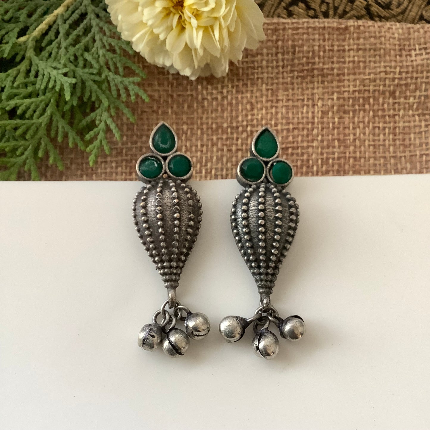 Salvanity German Silver Sea Shell earrings Green Stone