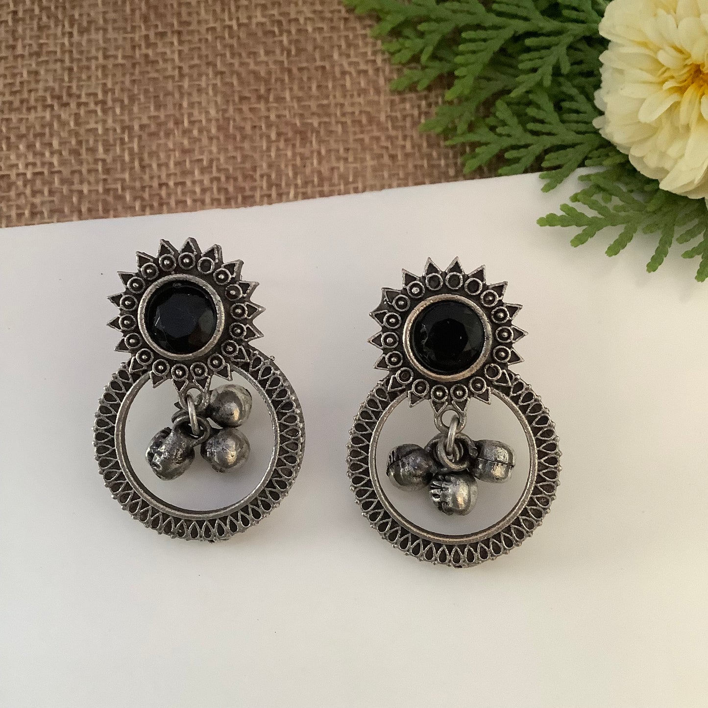 Salvanity German Silver Sun Ring Earrings