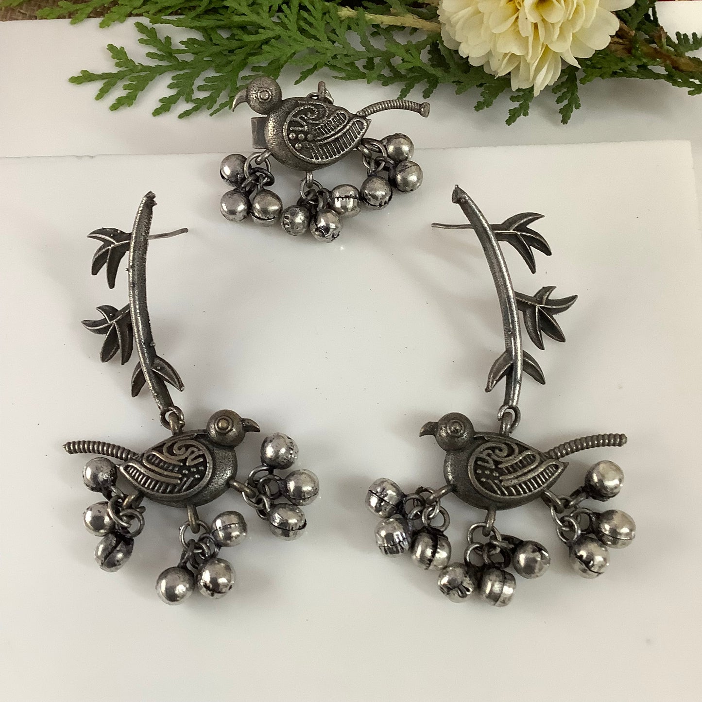 Salvanity German Silver Leafy Twig Bird Earrings