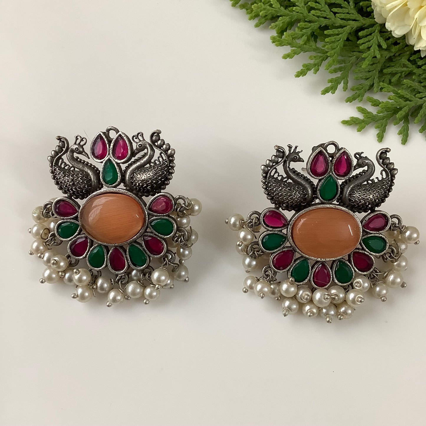 Salvanity German Silver Rubies & Emeralds Peacock Earrings