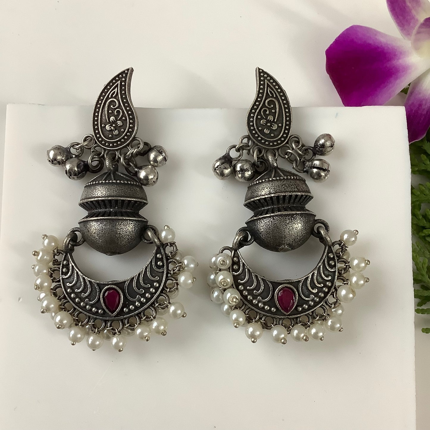 Salvanity German Silver Paisley Moon Earrings