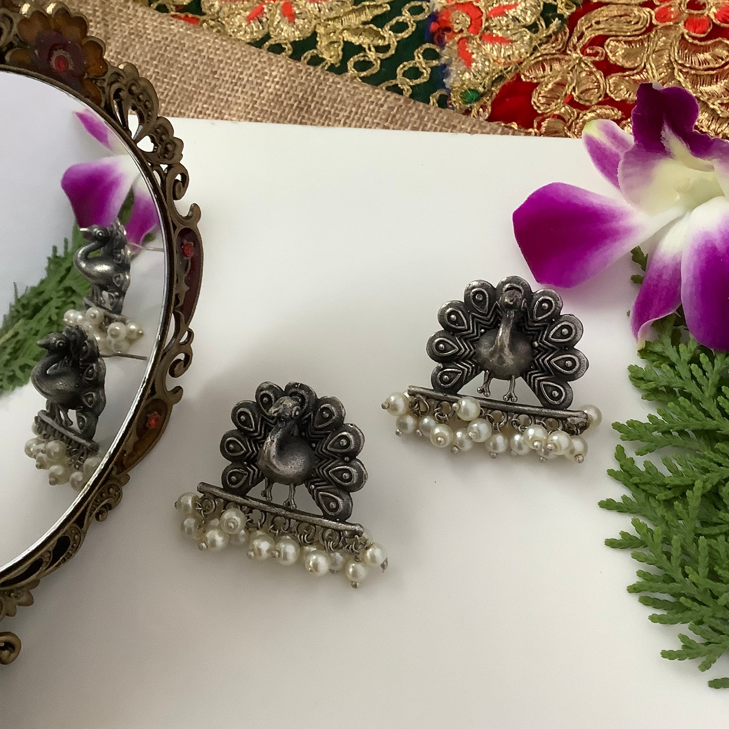 Salvanity German Silver Mayur (Peacock) Earrings