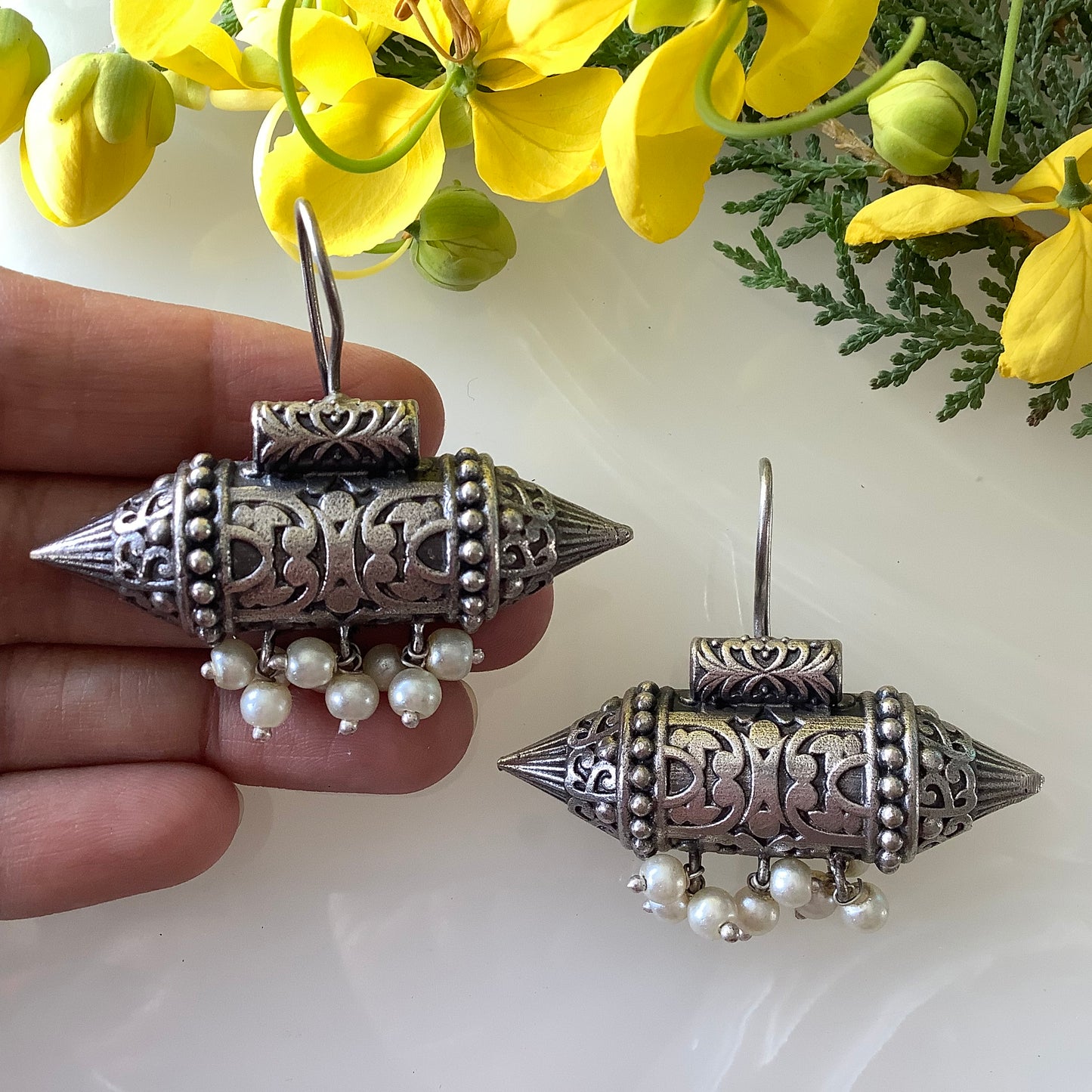 Salvanity German Silver Naqsh Earrings