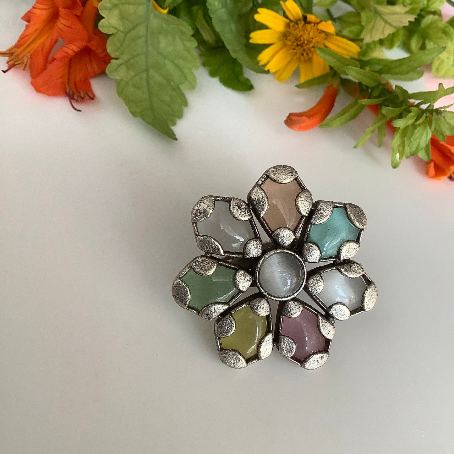 Salvanity German Silver Rainbow Flower Adjustable Finger Ring