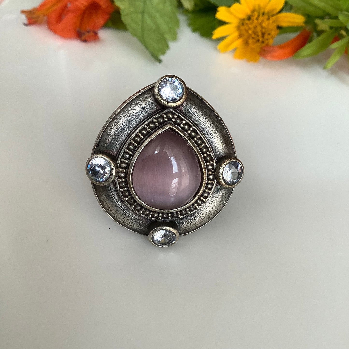 Salvanity German Silver Pearl Ace Finger Ring (Monalisa Pink)