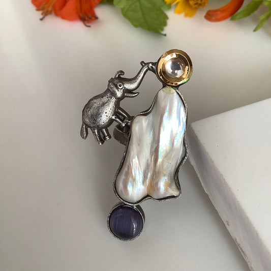 Salvanity German Silver Climbing Elephant on a pearl rock Finger Ring (Amethyst)