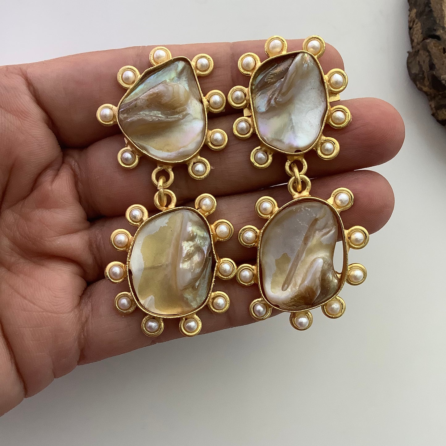 Salvanity Golden Brass Mother of Pearl Kundan (Barroque Pearl) Earrings